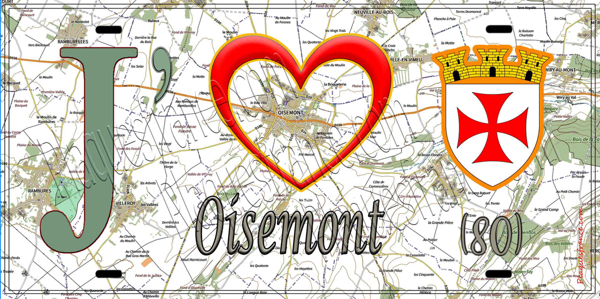 Plaque métal décorative 15X30 J' ❤️ Oisemont, Somme (80) géo