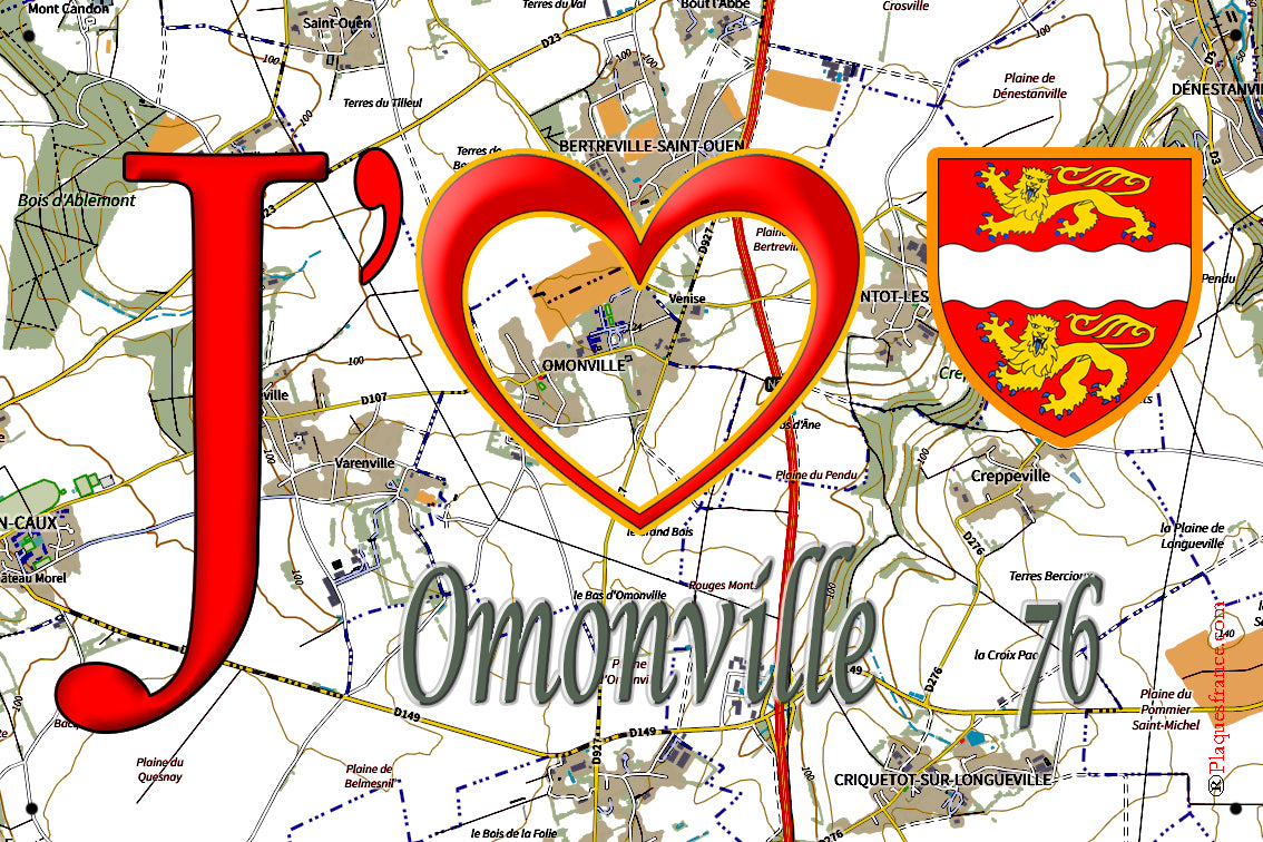 Plaque métal décorative 20 cm x 30 cm J' ❤️ Omonville, Seine Maritime (76)