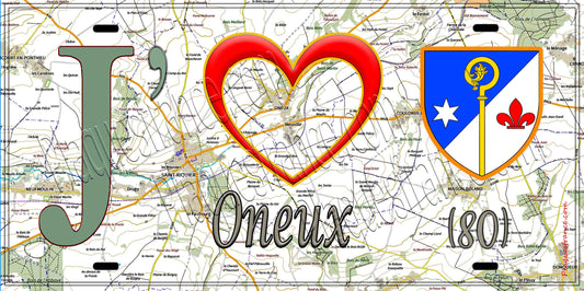 Plaque métal décorative 15X30 J' ❤️ il love Oneux, Somme (80)