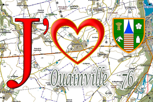 Plaque métal décorative 20 cm x 30 cm J' ❤️ Ouainville, Seine Maritime (76)