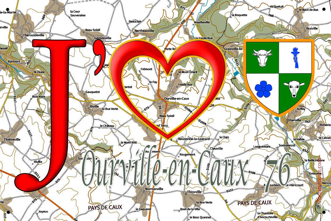 Plaque métal décorative 20 cm x 30 cm  J' ❤️ Ourville-en-Caux, Seine Maritime (76)