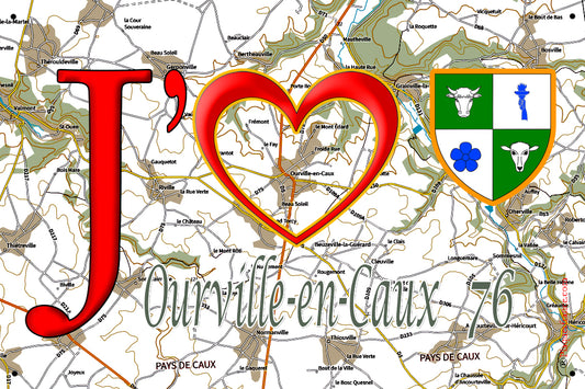Plaque métal décorative 20 cm x 30 cm  J' ❤️ Ourville-en-Caux, Seine Maritime (76)