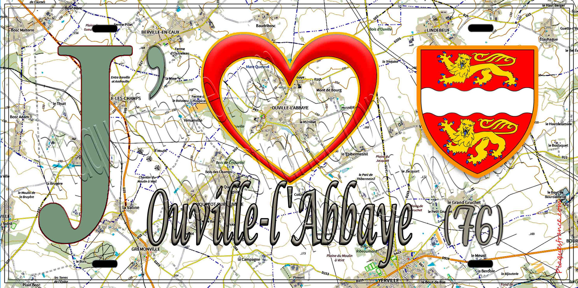 Plaque métal décorative 15X30 J' ❤️ Ouville-l'Abbaye , Seine Maritime (76) géo