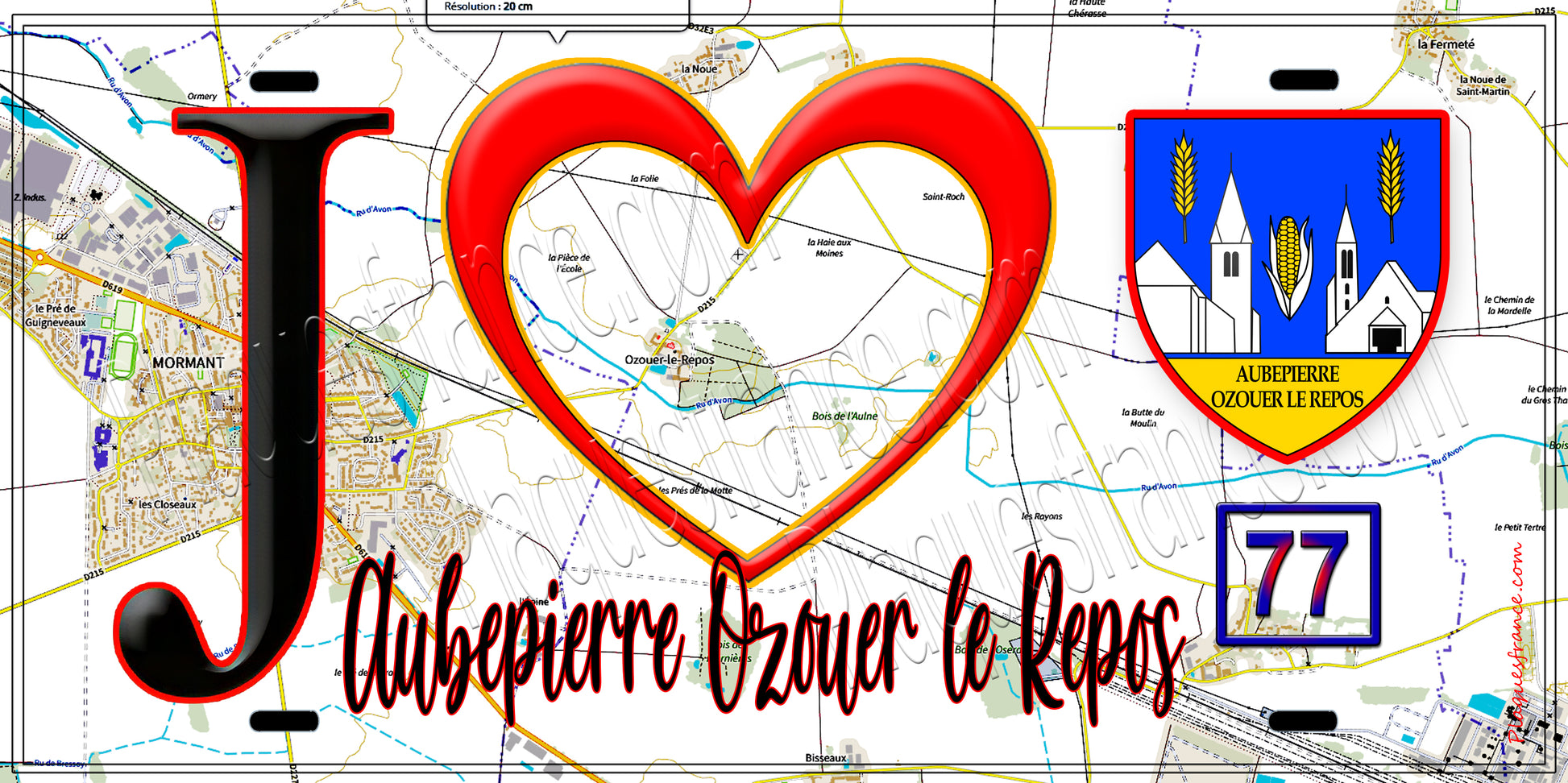 Plaque métal décorative  J' ❤️Aubepierre-Ozouer-le-Repos, Seine et Mrne (77) fond carte