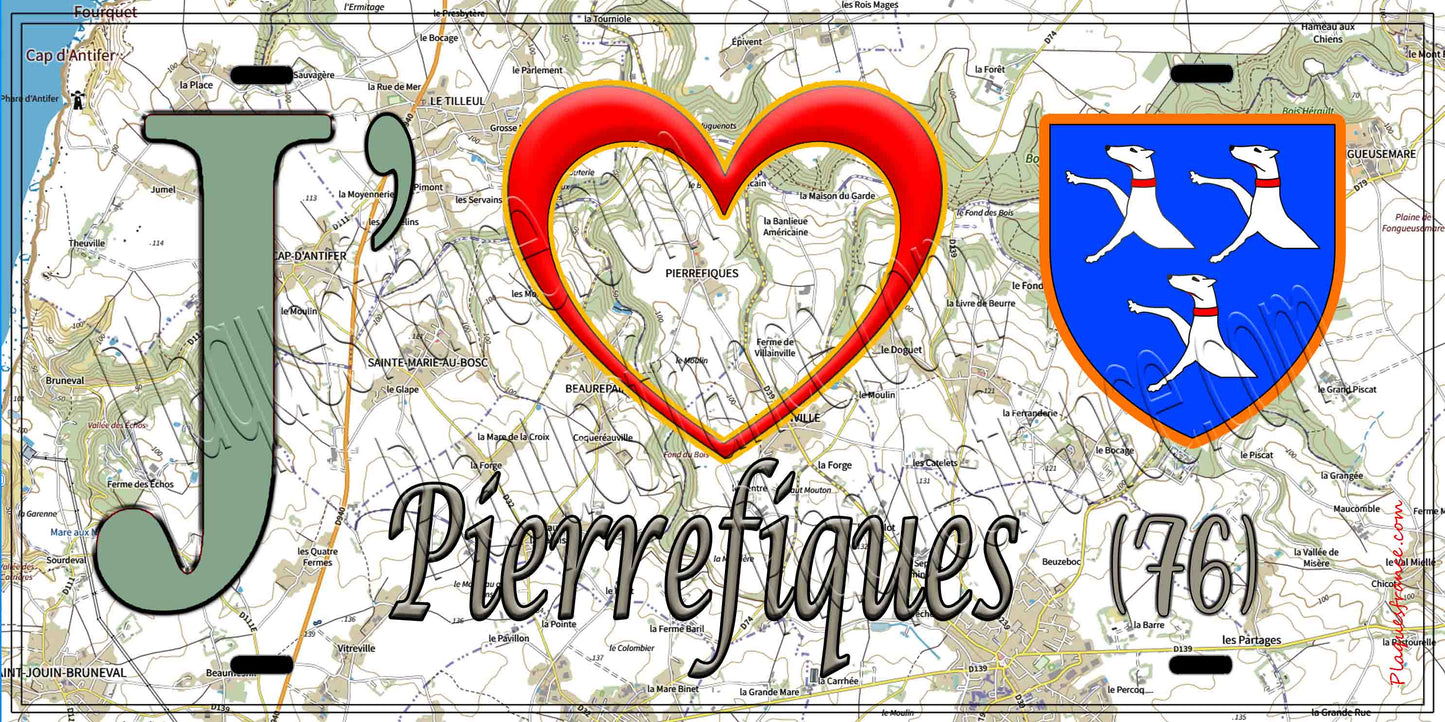 Plaque métal décorative 15X30 J' ❤️ Pierrefiques, Seine Maritime (76) geo