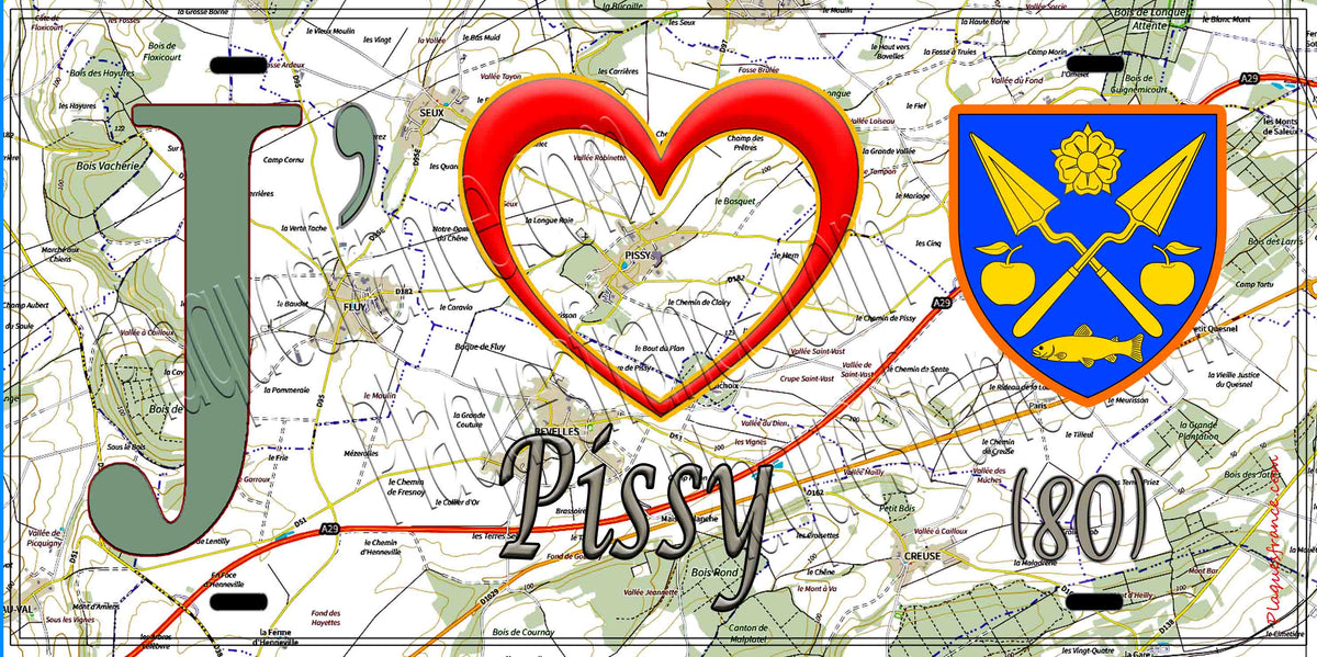 Plaque métal décorative 15X30 J' ❤️ Pissy, Somme (80) géo