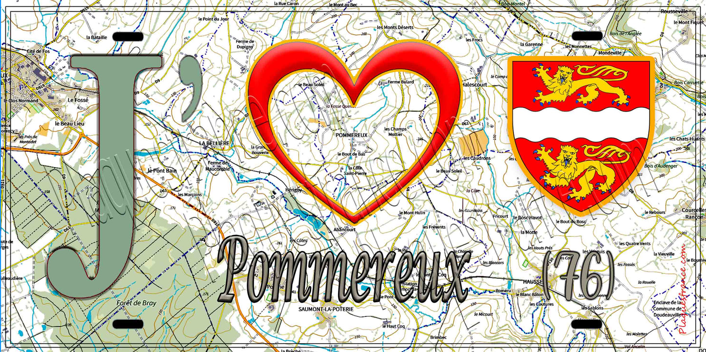 Plaque métal décorative 15X30 J' ❤️ Pommereux, Seine Maritime (76) géo