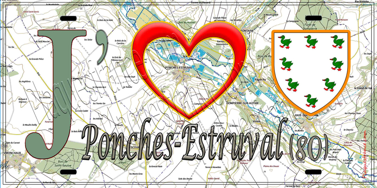 Plaque métal décorative 15X30 J' ❤️ il love Ponches-Estruval, Somme (80)