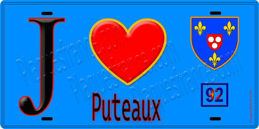 Plaque métal décorative  J' ❤️ Puteaux, Hauts de Seine (92) fond bleu