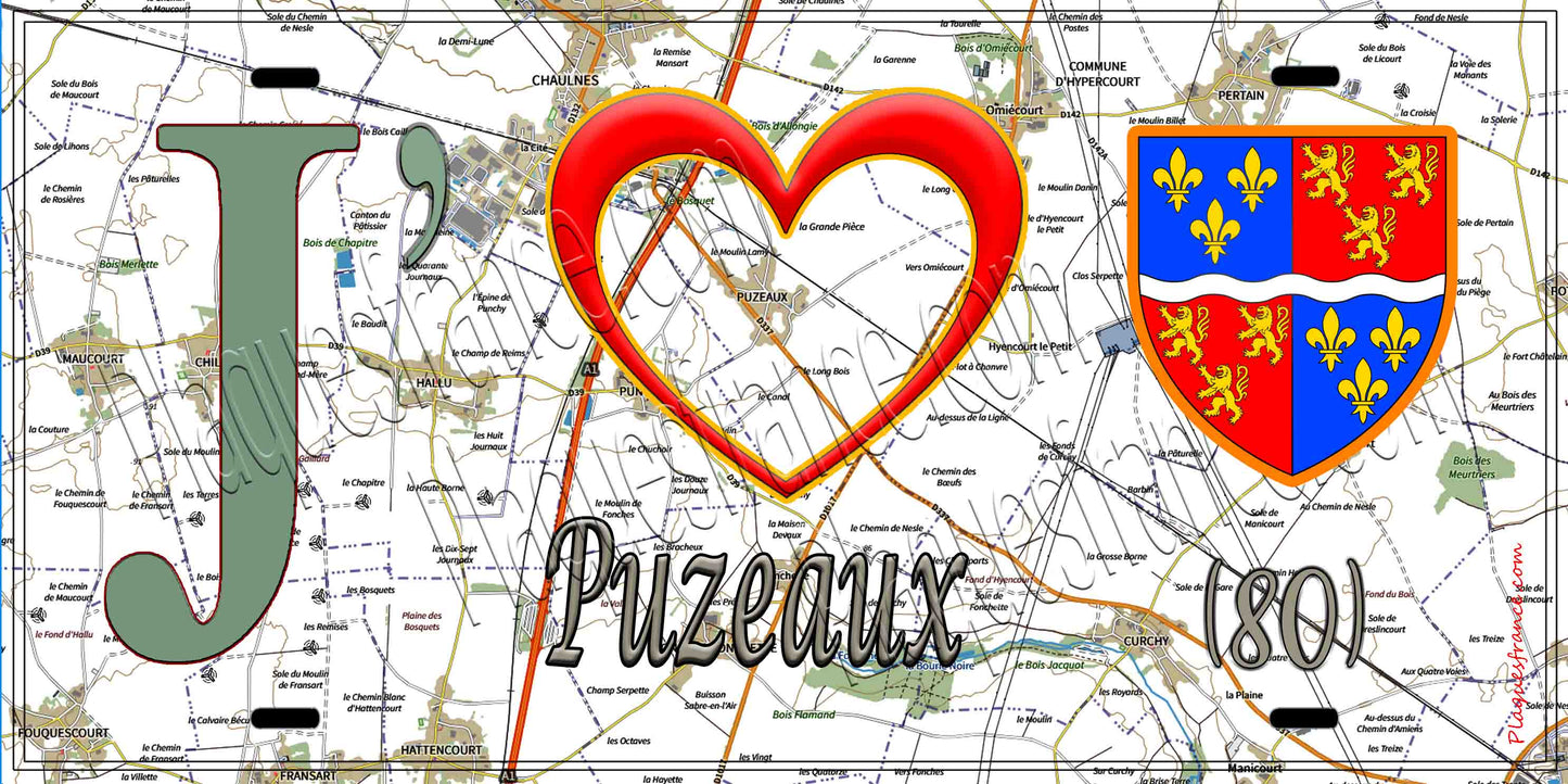 Plaque métal décorative 20 cm x 30 cm J' ❤️ Puzeaux, Somme (80)