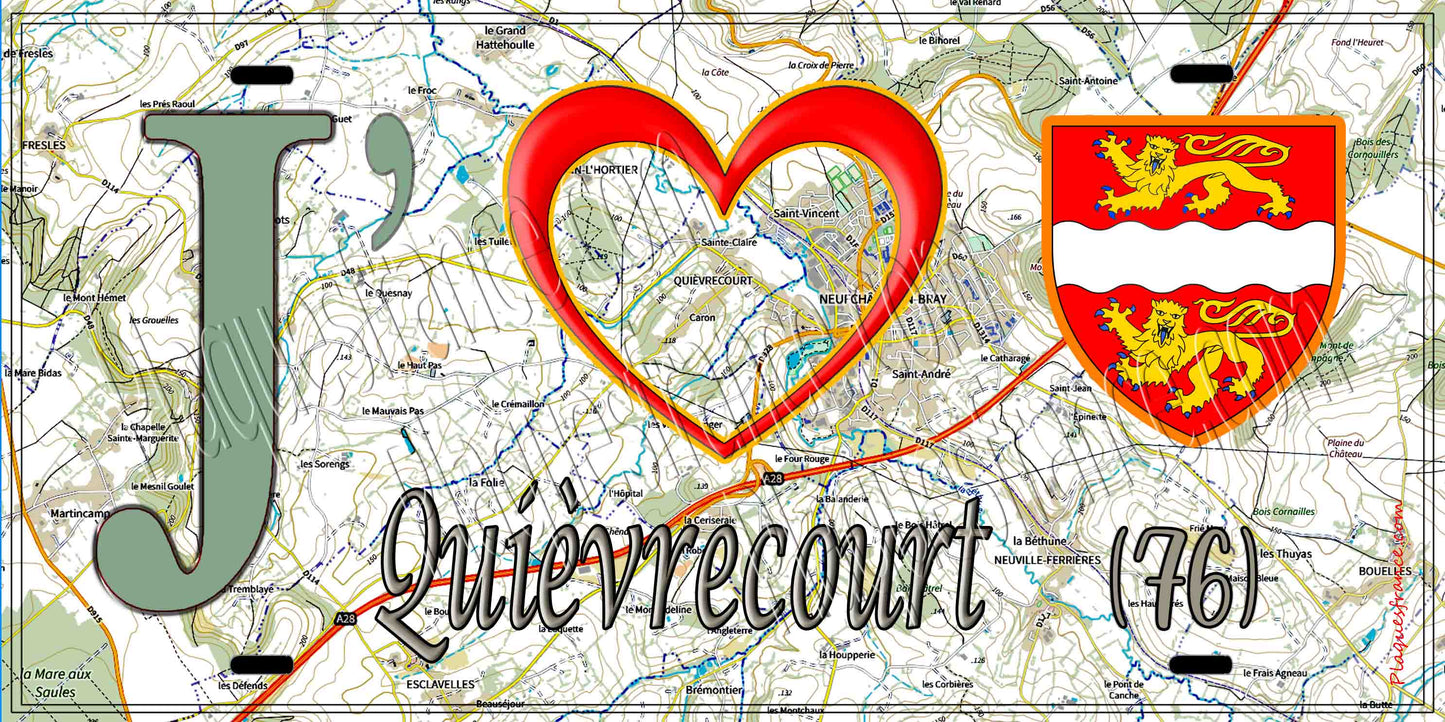 Plaque métal décorative 15X30 J' ❤️ Quièvrecourt, Seine Maritime (76) géo