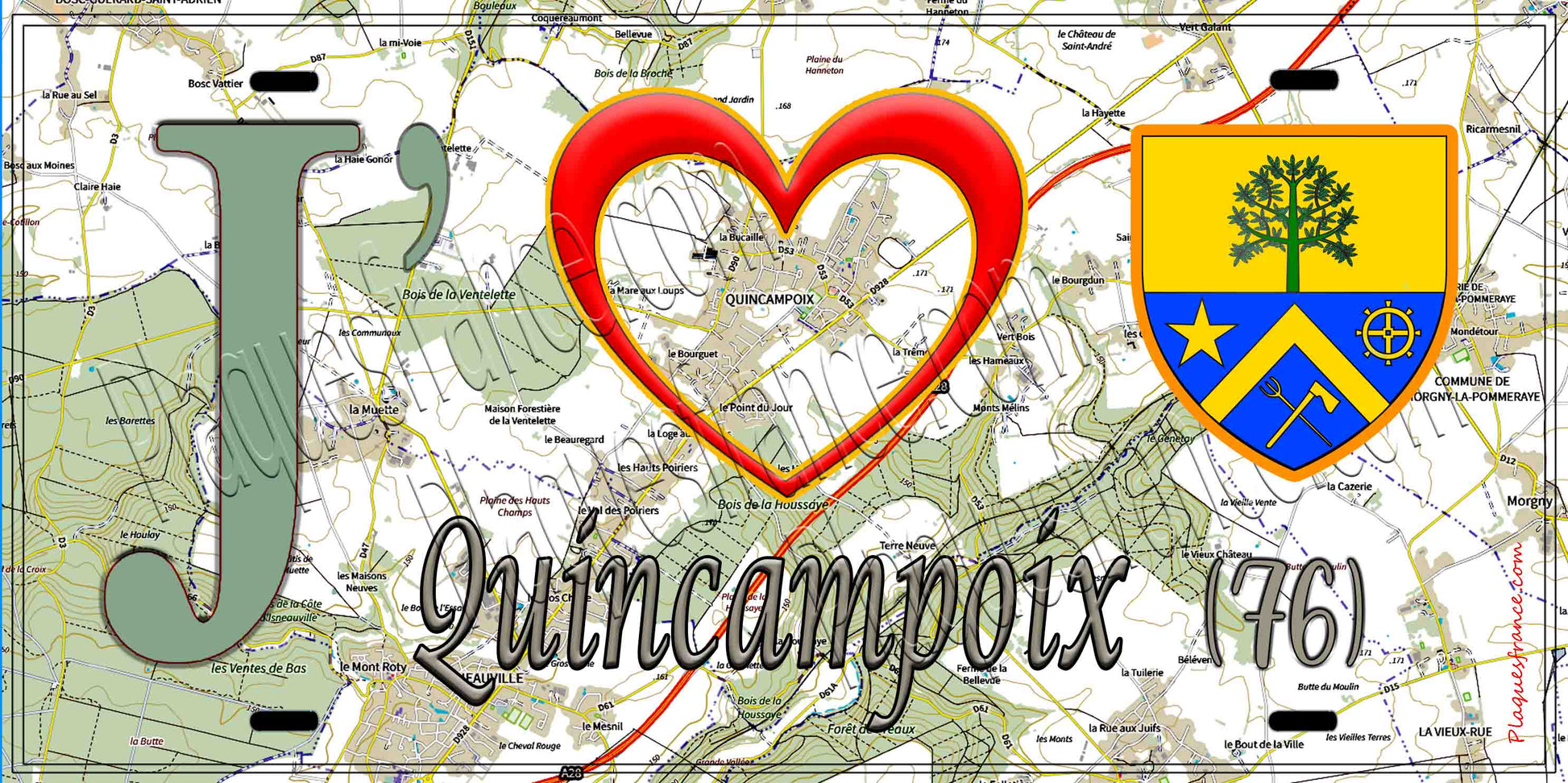 Plaque métal décorative 15X30 J' ❤️ Quincampoix, Seine Maritime (76) géo