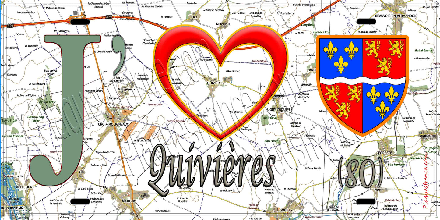 Plaque métal décorative 20 cm x 30 cm J' ❤️ Quivières, Somme (80)