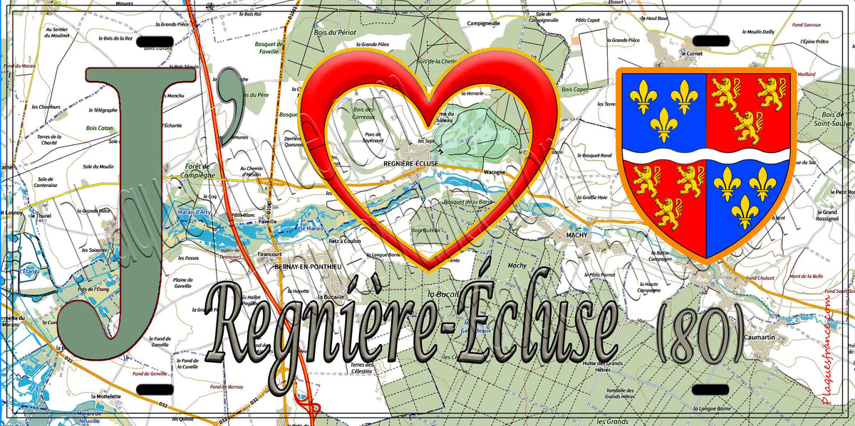 Plaque métal décorative 15X30 J' ❤️ il love Regnière-Écluse, Somme (80)