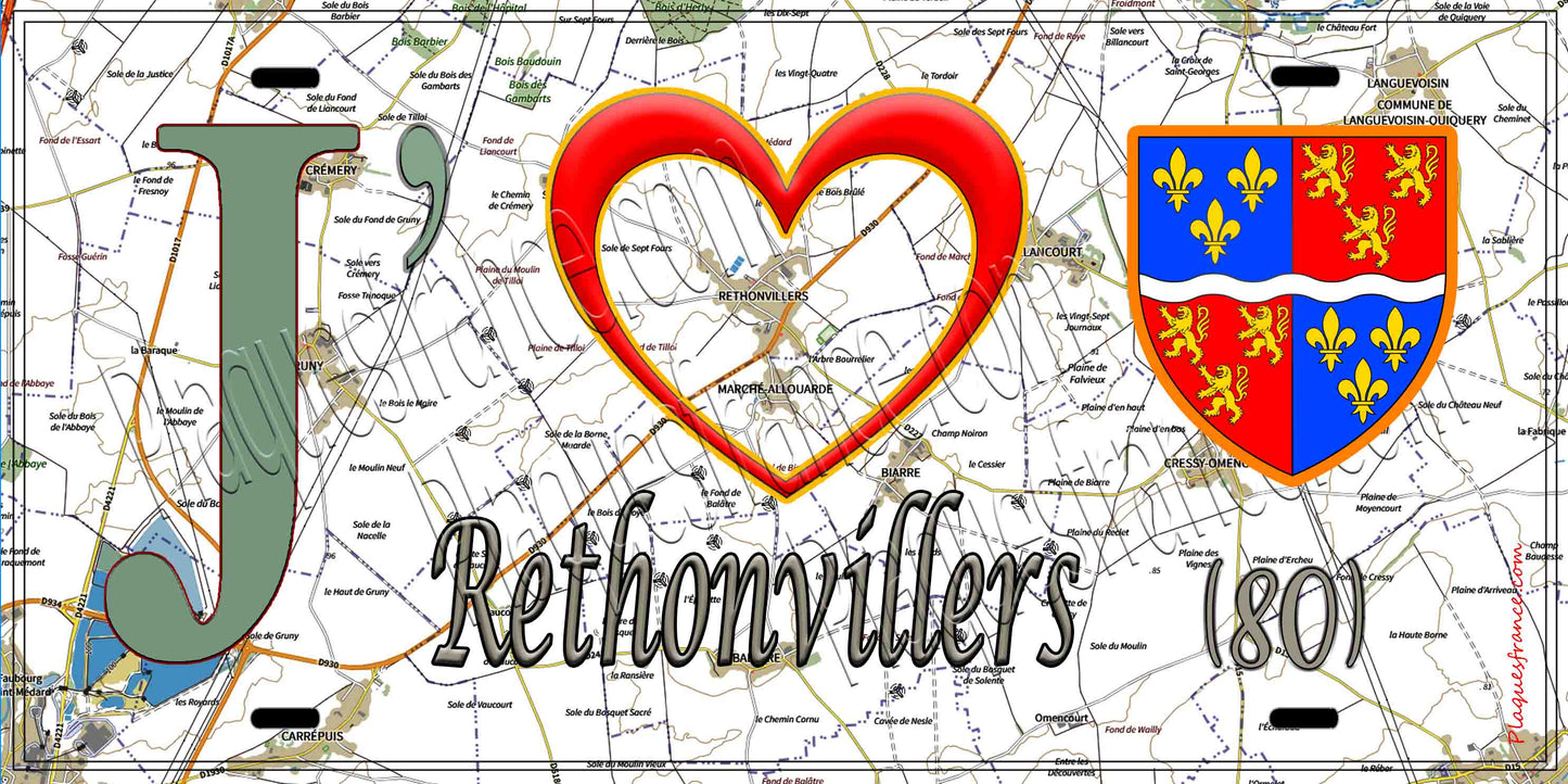 Plaque métal décorative 20 cm x 30 cm J' ❤️ Rethonvillers, Somme (80)