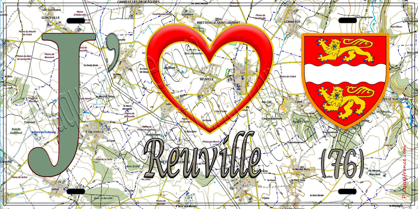 Plaque métal décorative 15X30 J' ❤️ Reuville , Seine Maritime (76)