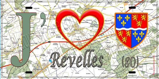 Plaque métal décorative 15X30 J' ❤️ Revelles, Somme (80) géo