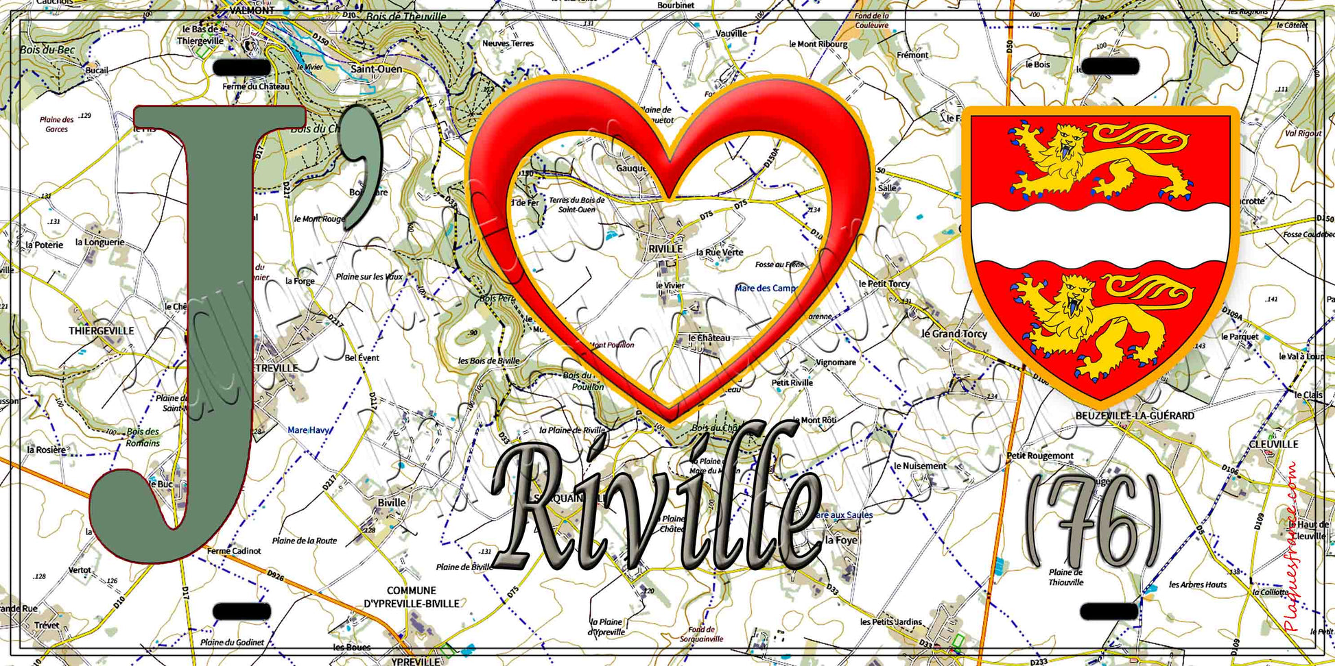 Plaque métal décorative 15X30 J' ❤️Riville, Seine Maritime (76) géo