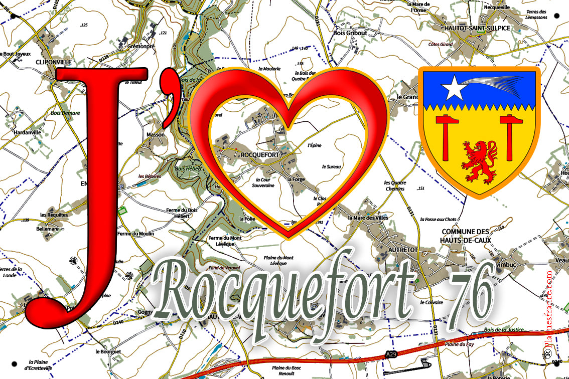 Plaque métal décorative 20 cm  x 30 cm J' ❤️ Rocquefort, Seine Maritime (76)