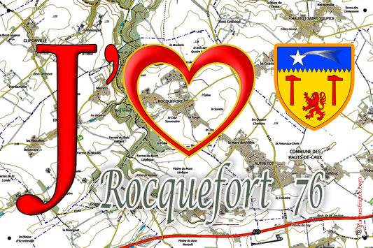 Plaque métal décorative 20 cm  x 30 cm J' ❤️ Rocquefort, Seine Maritime (76)