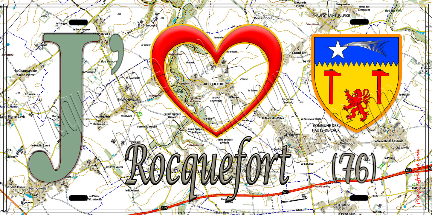 Plaque métal décorative 15X30 J' ❤️ Rocquefort, Seine Maritime (76) géo