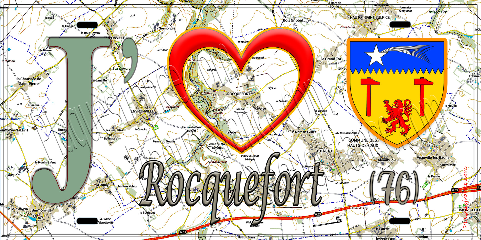 Plaque métal décorative 15X30 J' ❤️ Rocquefort, Seine Maritime (76) géo