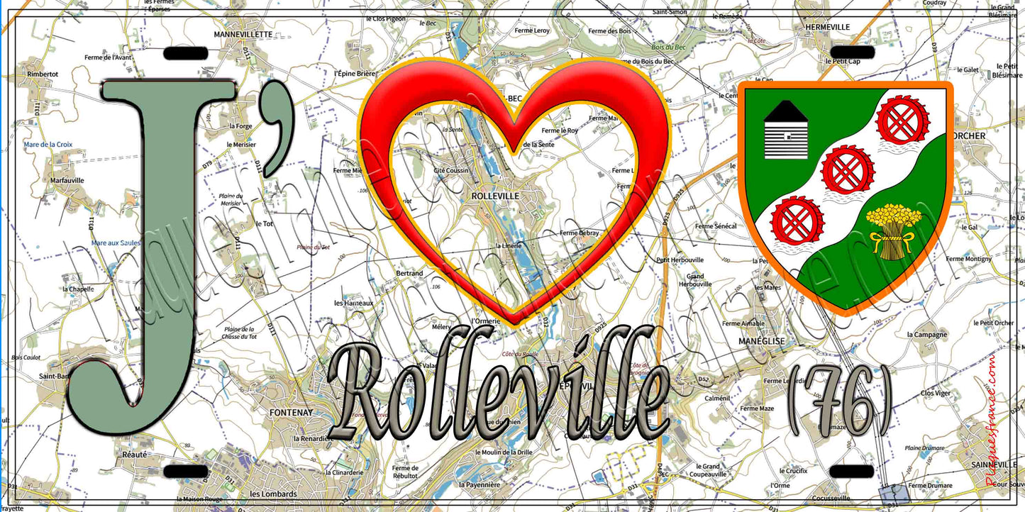 Plaque métal décorative 15X30 J' ❤️ Rolleville, Seine Maritime (76) géo