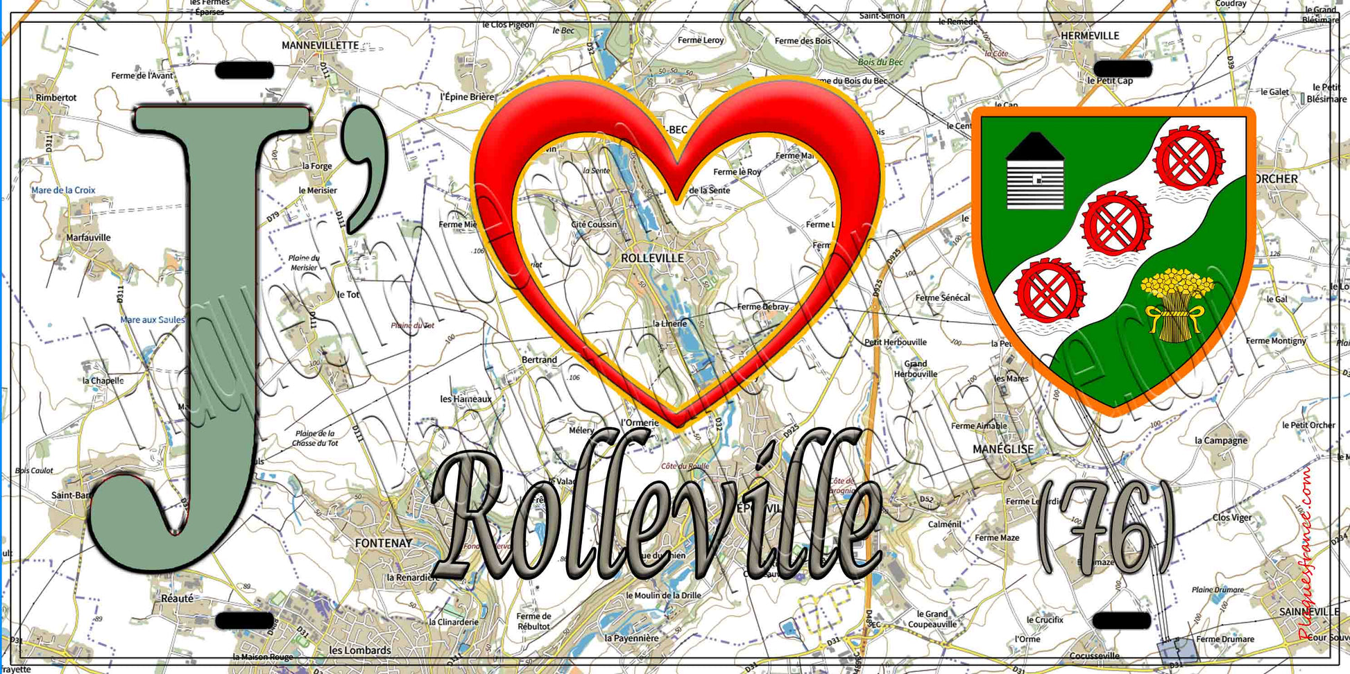 Plaque métal décorative 15X30 J' ❤️ Rolleville, Seine Maritime (76) géo