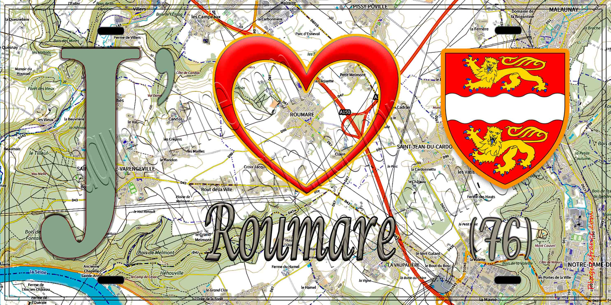 Plaque métal décorative 15X30 J' ❤️ Roumare, Seine Maritime (76) géo