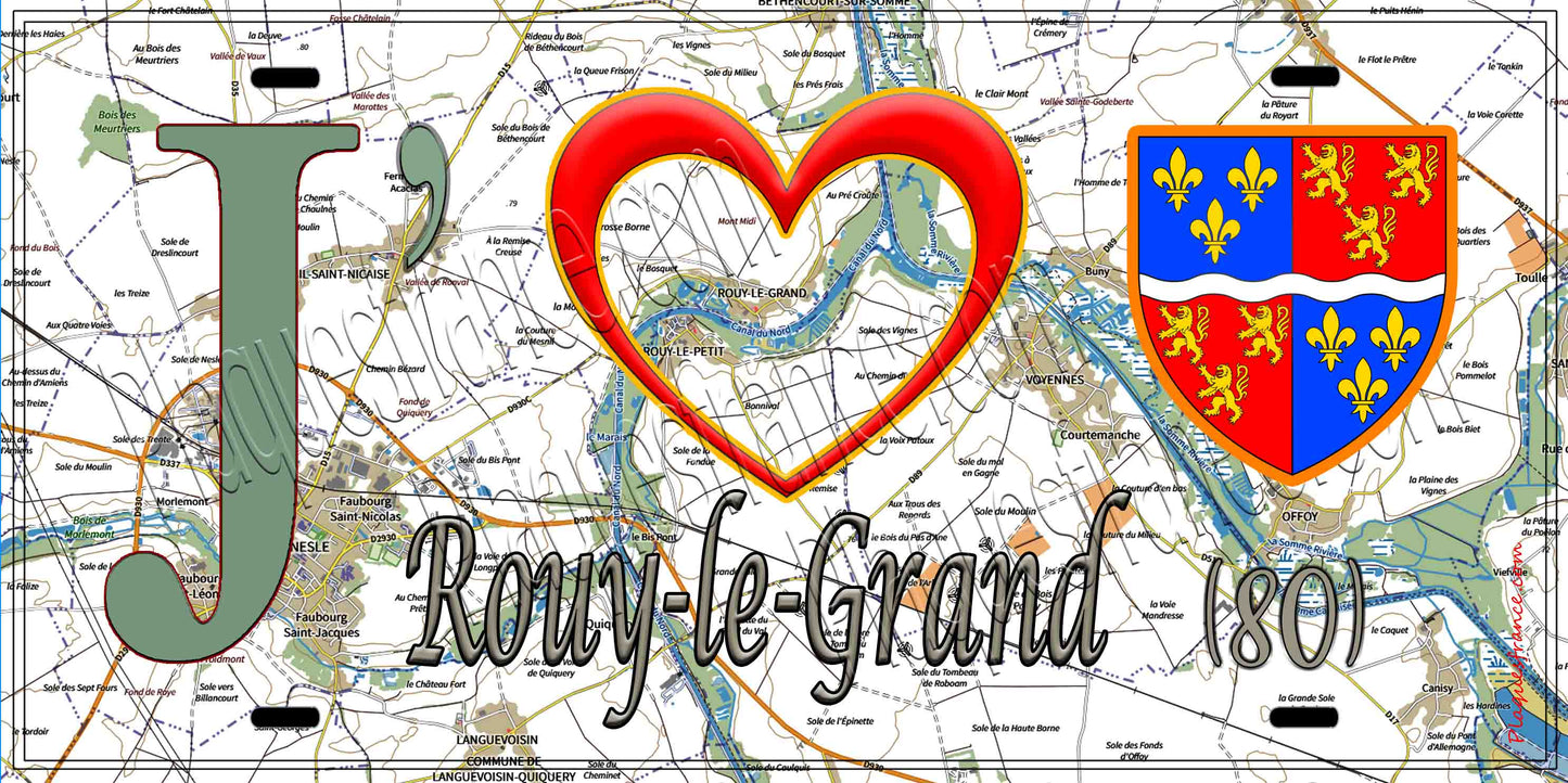 Plaque métal décorative 20 cm x 30 cm J' ❤️ Rouy-le-Grand, Somme (80)