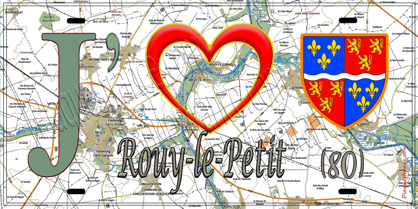 Plaque métal décorative 20 cm x 30 cm J' ❤️ Rouy-le-Petit, Somme (80)