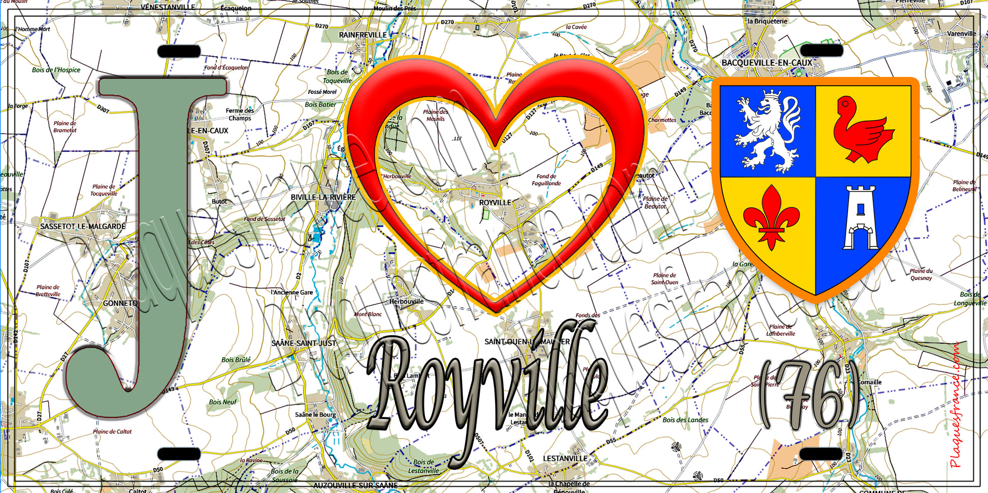 Plaque métal décorative 15x30 J' ❤️ Royville, Seine Maritime (76) géo