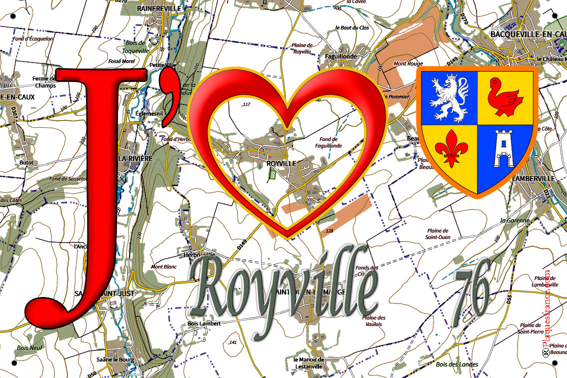 Plaque métal décorative 20 cm x 30 cm J' ❤️ Royville, Seine Maritime (76)