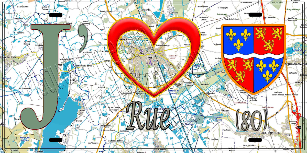 Plaque métal décorative 15X30 J' ❤️ il love Rue, Somme (80)