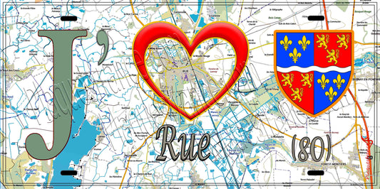 Plaque métal décorative 15X30 J' ❤️ il love Rue, Somme (80)