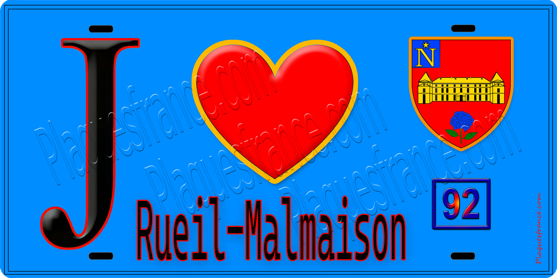 Plaque métal décorative  J' ❤️ Rueil-Malmaison, Hauts de Seine (92) fond bleu