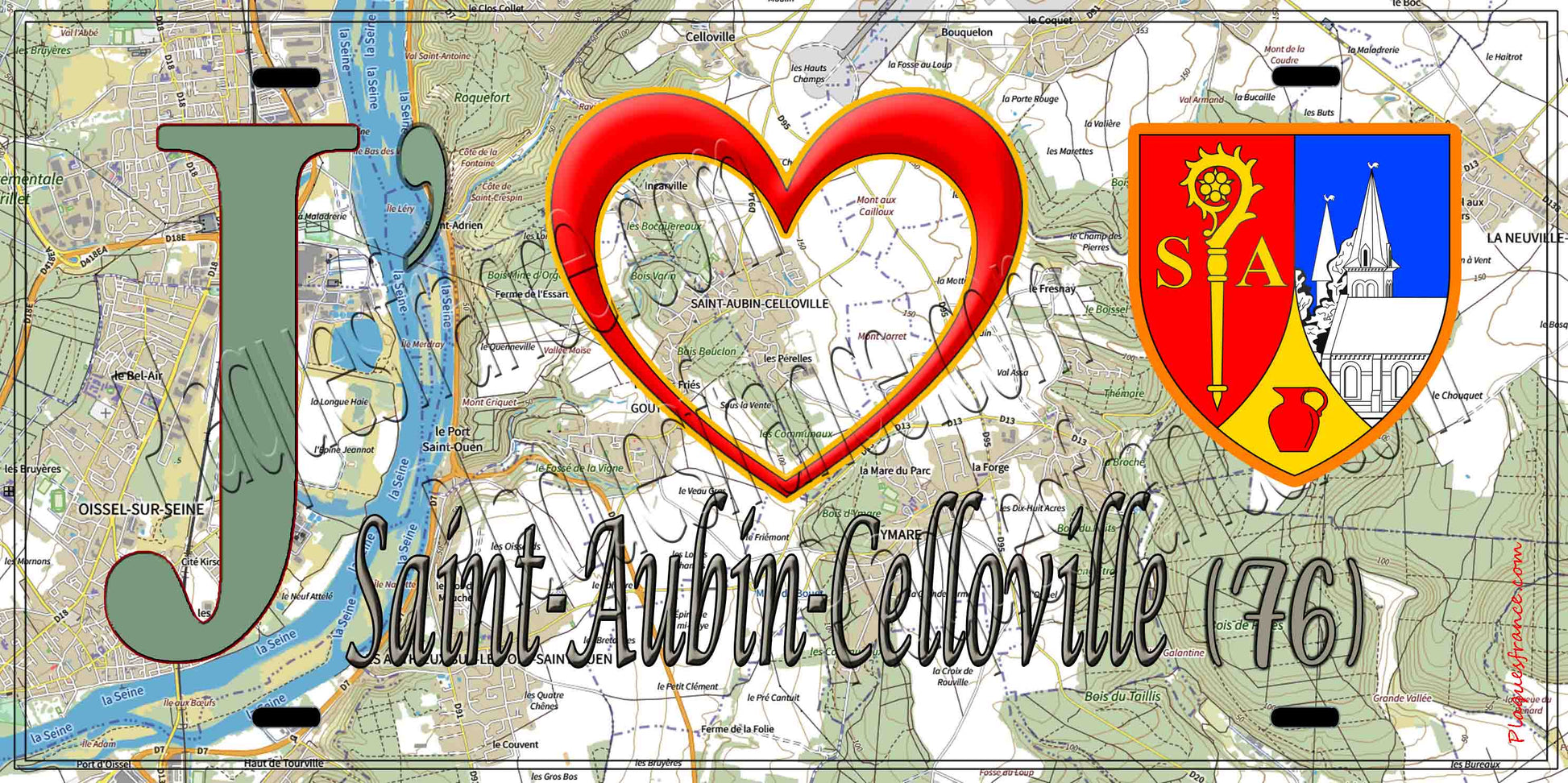 Plaque métal décorative 15X30 J' ❤️ Saint-Aubin-Celloville, Seine Maritime (76) geo