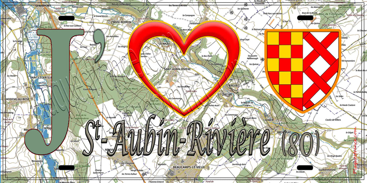 Plaque métal décorative 15X30 J' ❤️ Saint-Aubin-Rivière, Somme (80) geo