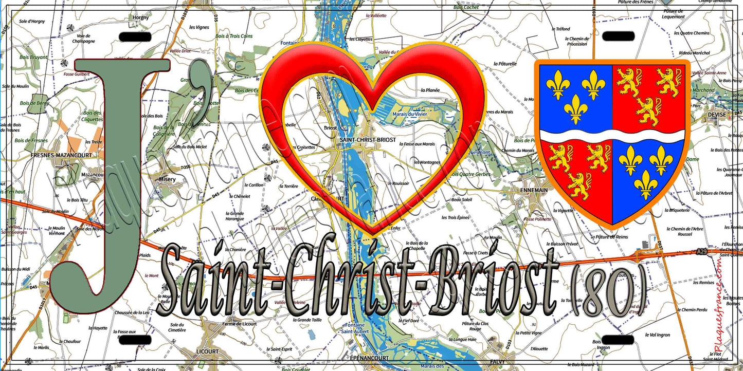 Plaque métal décorative 20 cm x 30 cm J' ❤️ Saint-Christ-Briost, Somme (80)