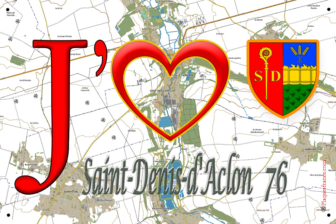 Plaque métal décorative 20x30 cm J' ❤️ Saint-Denis-d'Aclon, Seine Maritime (76)