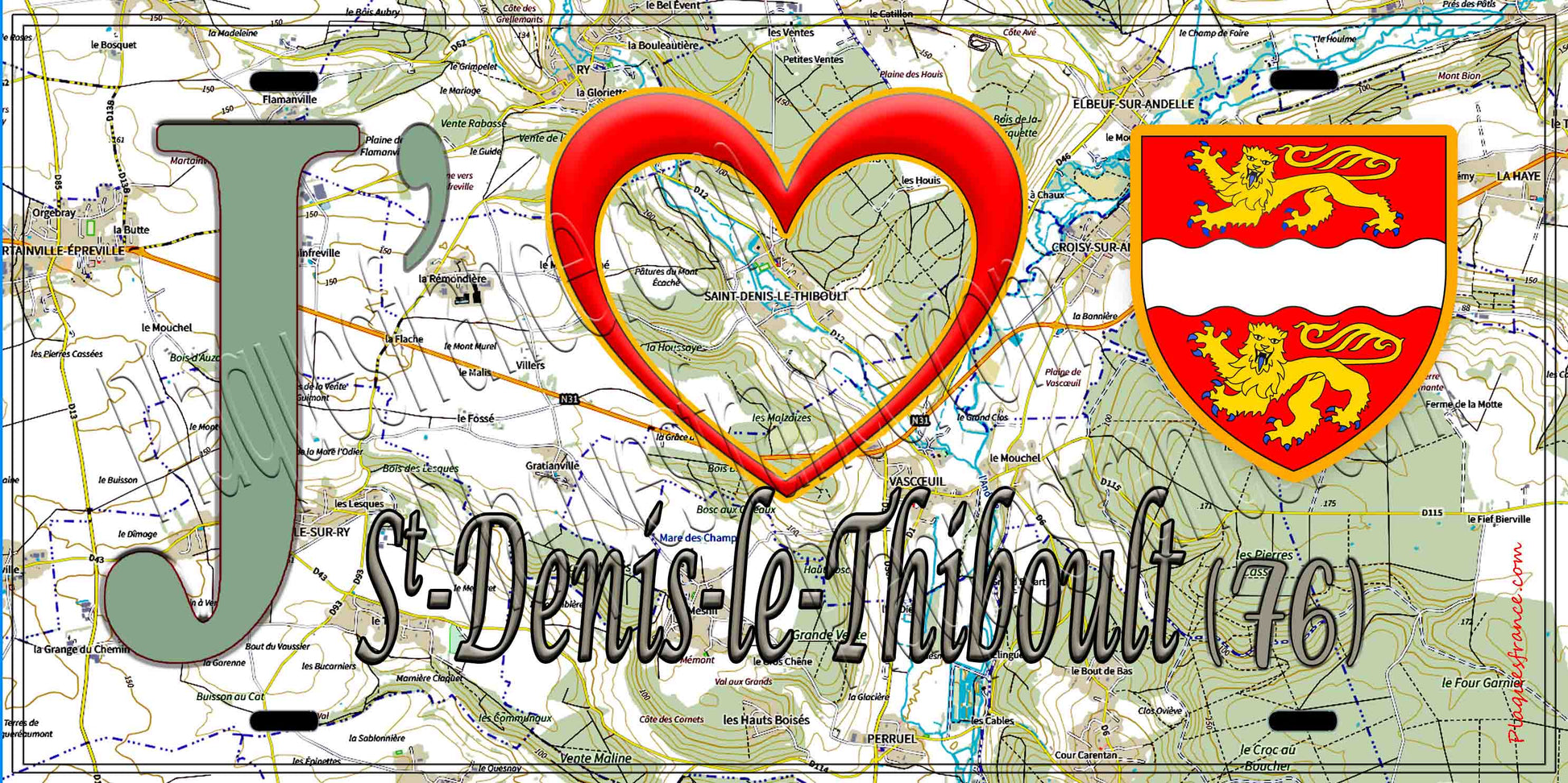 Plaque métal décorative 15X30 J' ❤️ Saint-Denis-le-Thiboult, Seine Maritime (76) géo