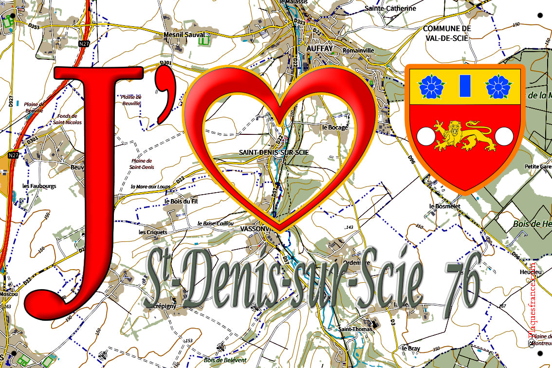 Plaque métal décorative 20 cm x 30 cm J' ❤️ Saint-Denis-sur-Scie, Seine Maritime (76)