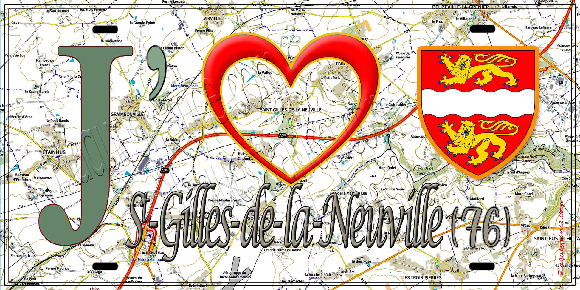 Plaque métal décorative 15X30 J' ❤️ Saint-Gilles-de-la-Neuville, Seine Maritime (76) geo