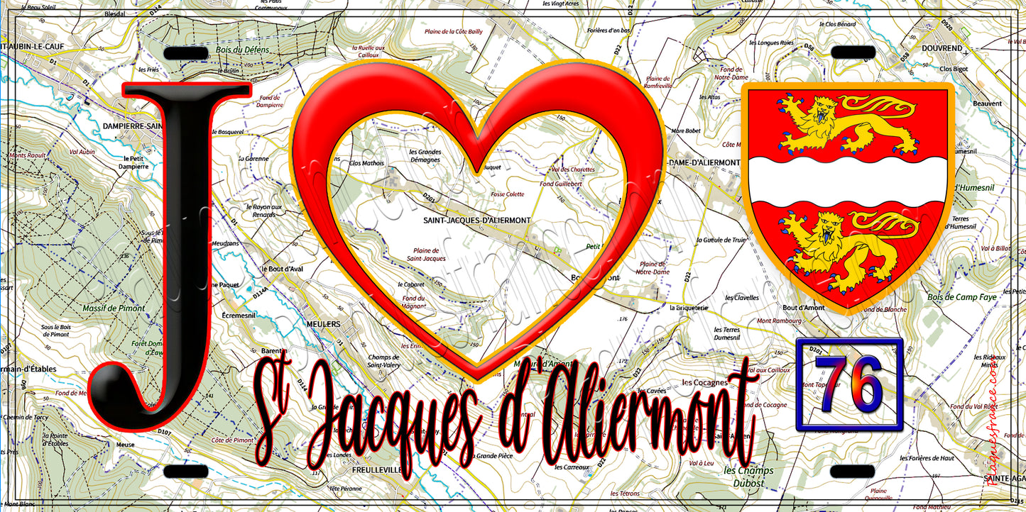 Plaque métal décorative  J' ❤️ Saint-Jacques-d'Aliermont, Seine Maritime (76)