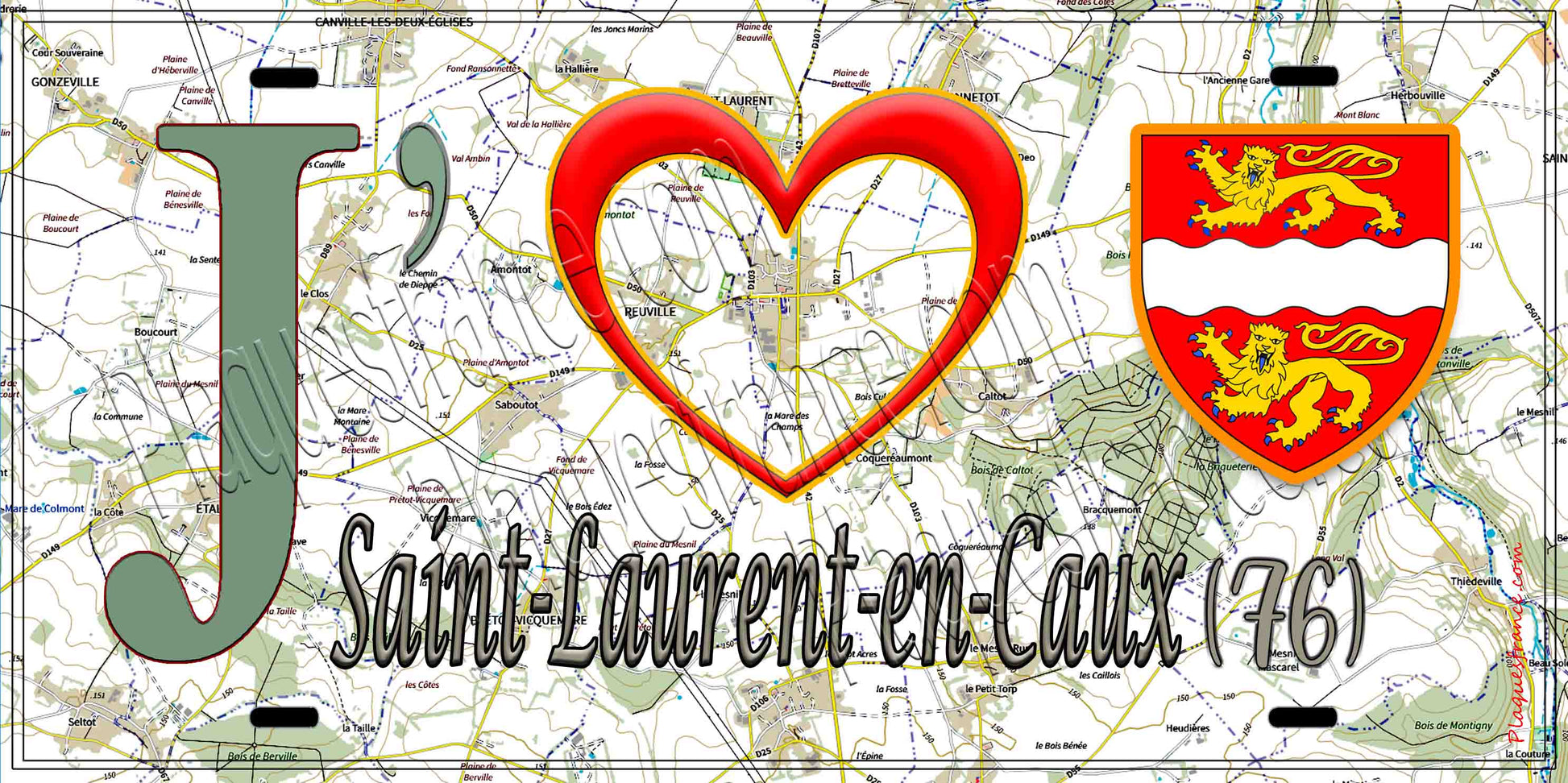 Plaque métal décorative 15X30 J' ❤️ Saint-Laurent-en-Caux , Seine Maritime (76) geo