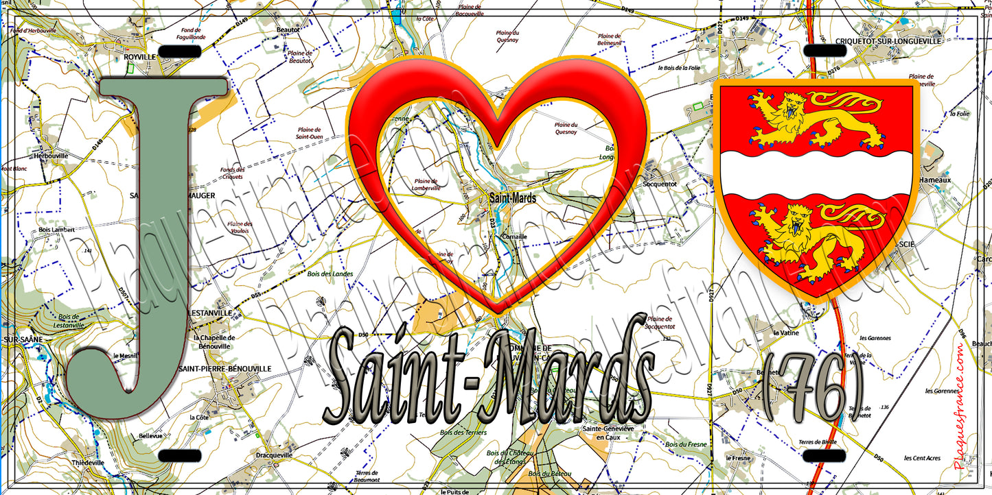 Plaque métal décorative 15x30 J' ❤️ Saint-Mards, Seine Maritime (76) géo