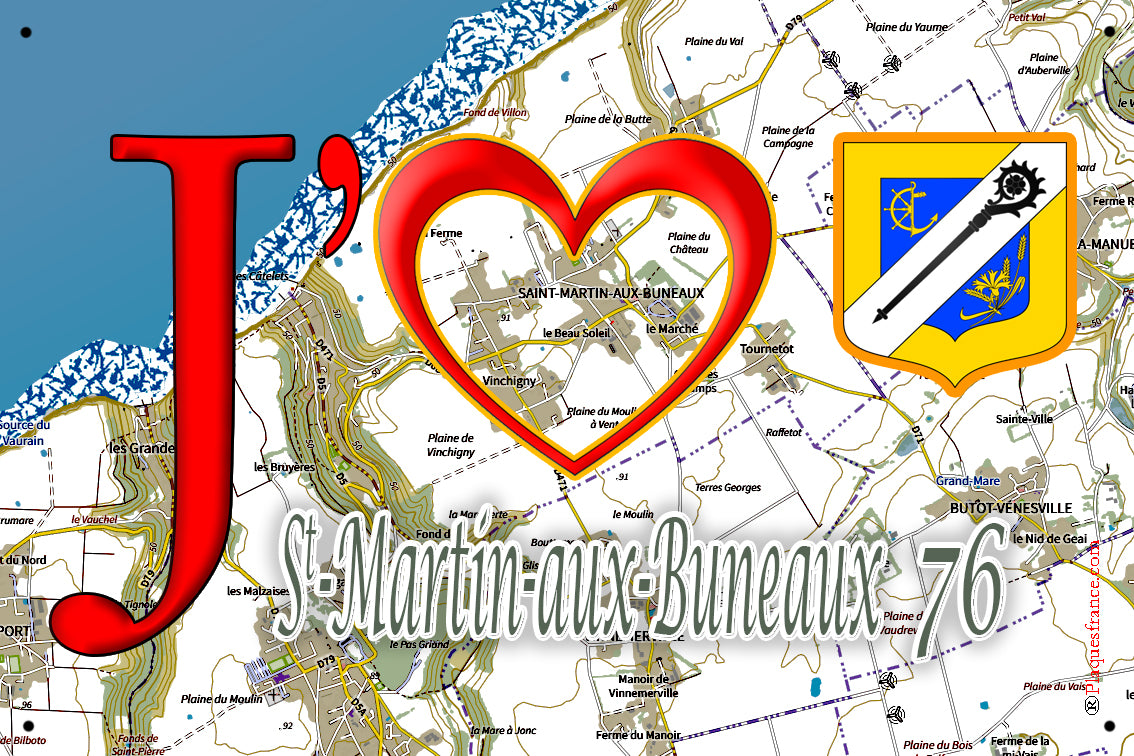 Plaque métal décorative 20 cm x 30 cm  J' ❤️ Saint-Martin-aux-Buneaux, Seine Maritime (76)
