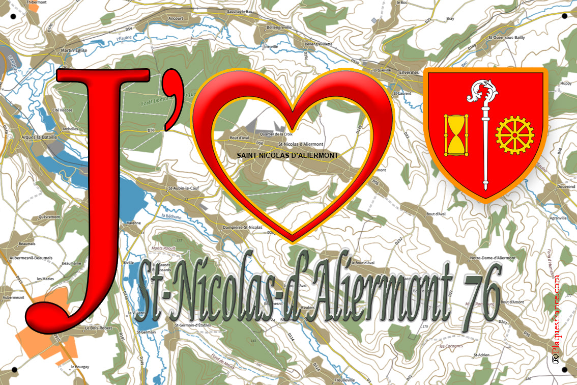 Plaque métal décorative 20x30 J' ❤️ Saint-Nicolas-d’Aliermont, Seine Maritime (76)