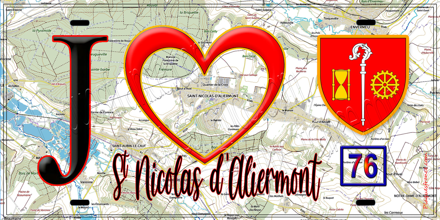 Plaque métal décorative  J' ❤️ Saint-Nicolas-d’Aliermont, Seine Maritime (76)