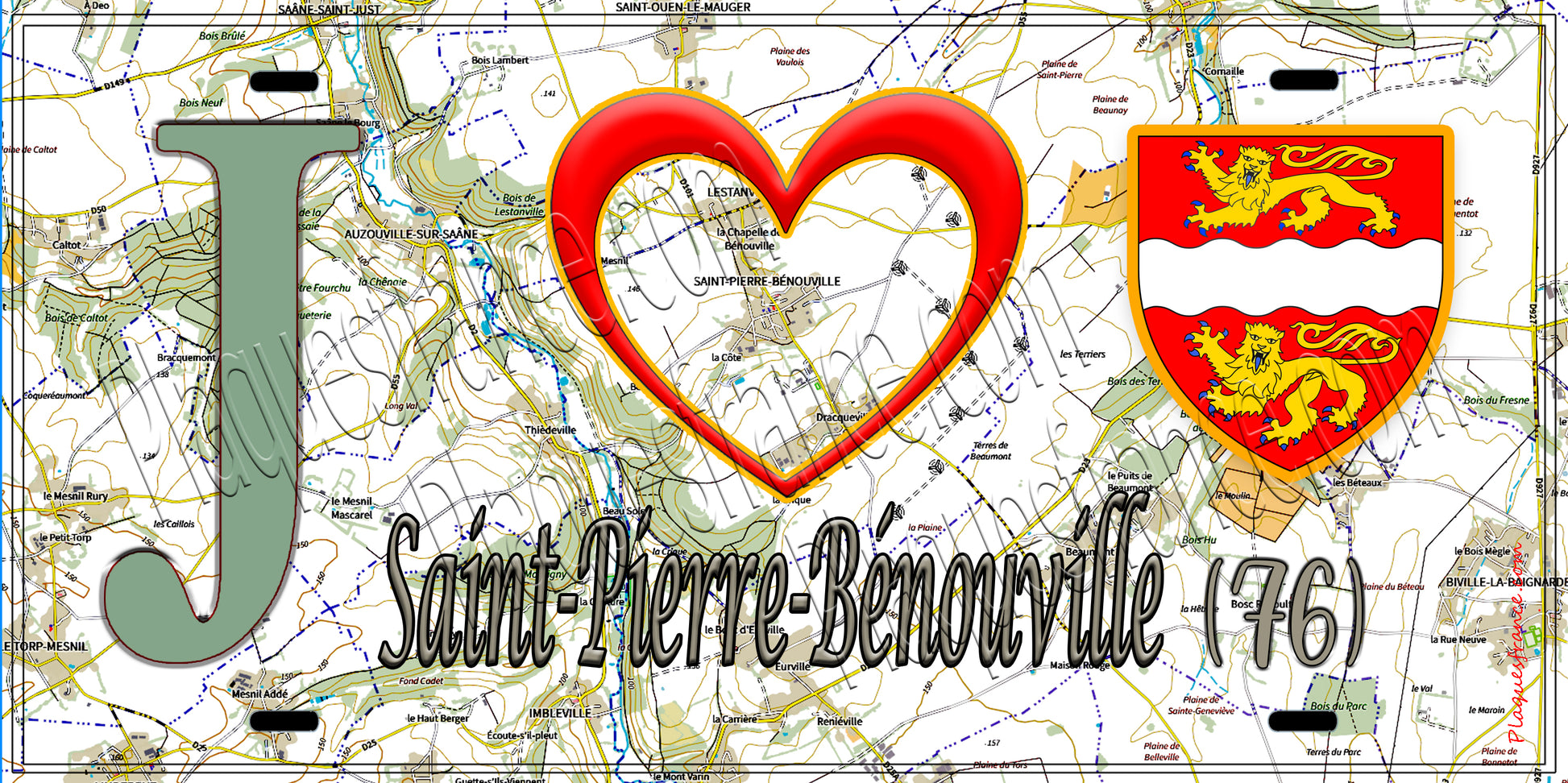 Plaque métal décorative 15x30 J' ❤️ Saint-Pierre-Bénouville, Seine Maritime (76) géo